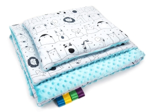 Kocyk 75 x 100 cm + podusia - Zwierzęta w teatrze szare / Minky turkus