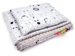 Kocyk 75 x 100 cm + podusia - Zwierzęta w teatrze szare / Minky szary