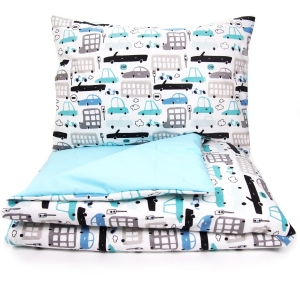 Pościel 120 x 90  - Autka białe / turkus