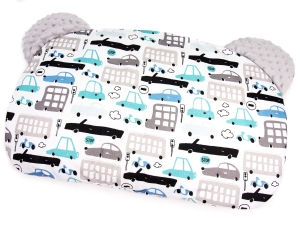 Poduszka Miś duża - Autka białe / Minky szary