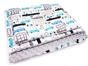 Kocyk 75 x 100 cm + podusia - Autka białe / Minky jasny szary