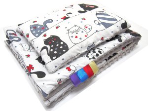 Kocyk 75 x 100 cm + podusia - Zwariowane koty / Minky j. szary