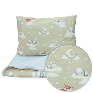 Pościel 100 x 160 cm  - Śpiące zwierzątka beżowe / szare