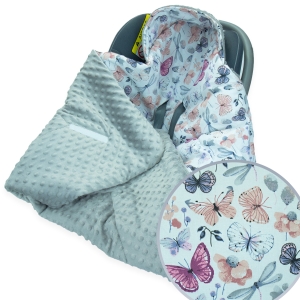 Kocyk do fotelika - Motylki i ważki / Minky szary