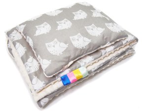 Kocyk 75 x 100 cm + podusia - Sowy szare / Minky kremowy