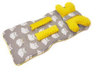 Wkladka komplet do wózka - Sowy szare / Minky żółty
