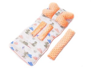 Wkladka komplet do wózka + pałąk - Miś chmurka / Minky łososiowy