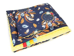 Kocyk 75 x 100 cm + podusia - Łapacz snów granatowy / Minky żółty