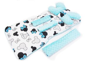 Wkladka komplet do wózka + pałąk - Miki niebieskie / Minky turkus