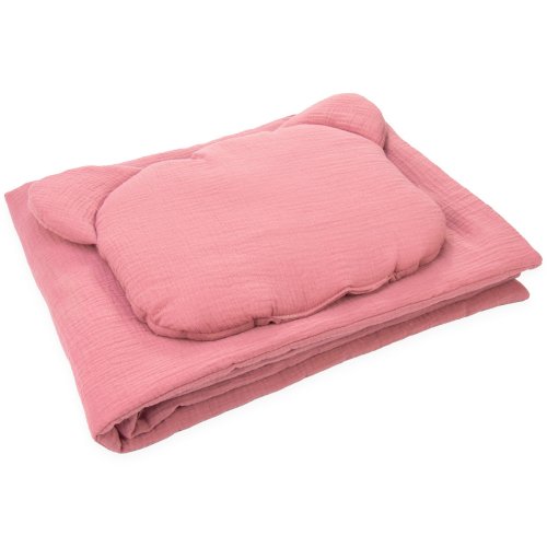 Kocyk Muślinowy 50 x 75 cm + podusia Miś Premium - Retro pink