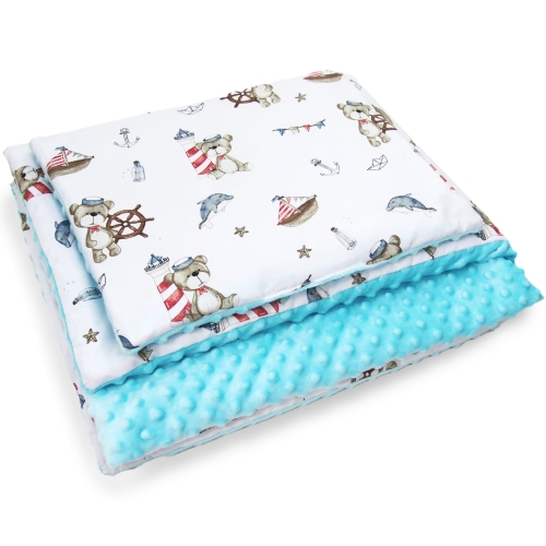 Kocyk 135 x 100 cm + podusia - Miś pirat / Minky niebieski