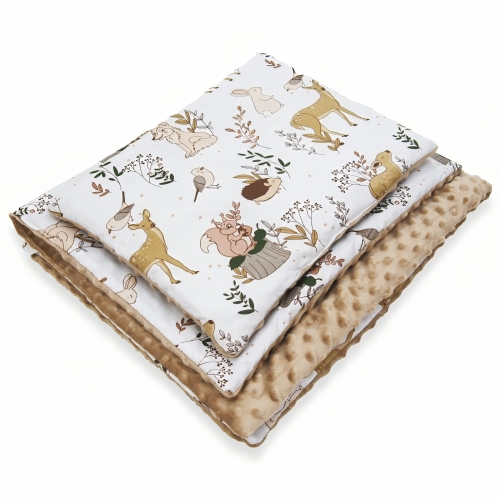 Kocyk 135 x 100 cm + podusia - Wilk i przyjaciele / Minky kawowy