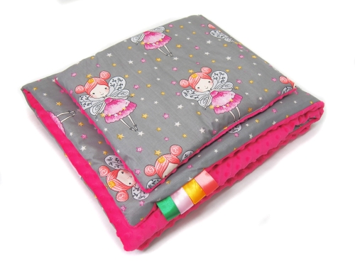 Kocyk 135 x 100 cm + podusia - Wróżki szare / Minky malinowy