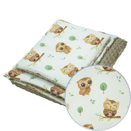 Kocyk 75 x 100 cm + podusia - Sowy beżowe / Minky kawowy