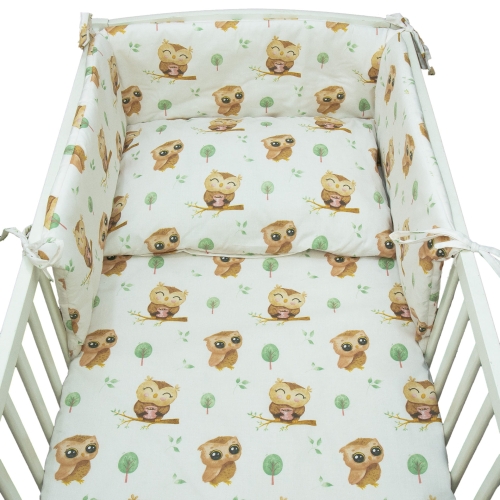 Pościel 120 x 90 + ochraniacz - Sowy beżowe