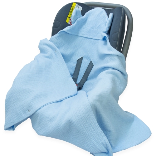 Kocyk do fotelika Muślinowy z uszkami Premium bez wypełnienia - Baby blue