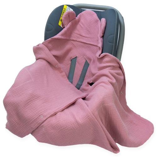 Kocyk do fotelika Muślinowy z uszkami Premium bez wypełnienia - Retro pink