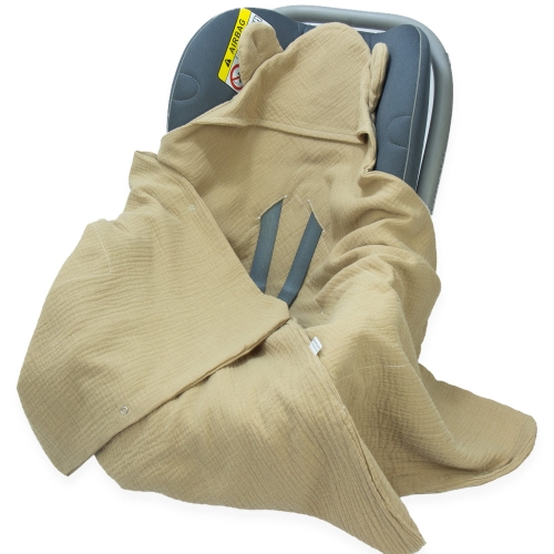 Kocyk do fotelika Muślinowy z uszkami Premium bez wypełnienia - Coffee