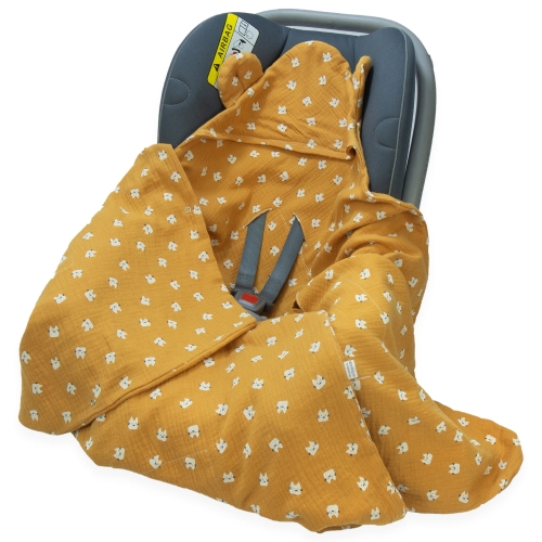 Kocyk do fotelika Muślinowy z uszkami Premium bez wypełnienia - Kotki musztardowe