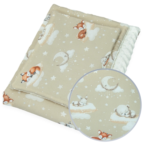 Kocyk 75 x 100 cm + podusia - Śpiące zwierzątka beżowe / Minky kremowy