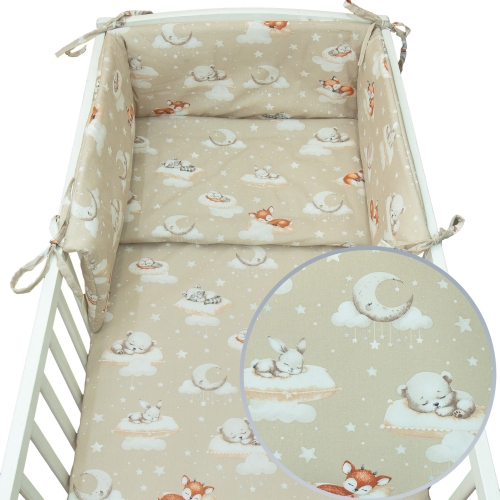 Pościel 120 x 90 + ochraniacz - Śpiące zwierzątka beżowe