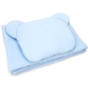 Kocyk Muślinowy 50 x 75 cm + podusia Miś Premium - Baby blue