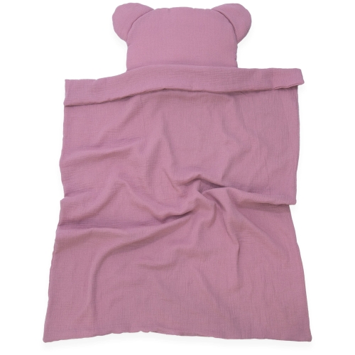 Kocyk Muślinowy 75 x 100 + podusia Miś Premium bez wypełnienia - Retro pink