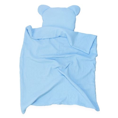 Kocyk Muślinowy 75 x 100 + podusia Miś Premium bez wypełnienia - Baby blue