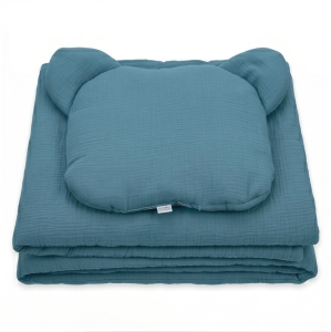 Kocyk Muślinowy 50 x 75 cm + podusia Miś Premium - Jeans