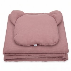 Kocyk Muślinowy 75 x 100 + podusia Miś Premium -  Retro pink
