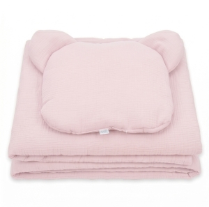 Kocyk Muślinowy 75 x 100 + podusia Miś Premium - Baby pink